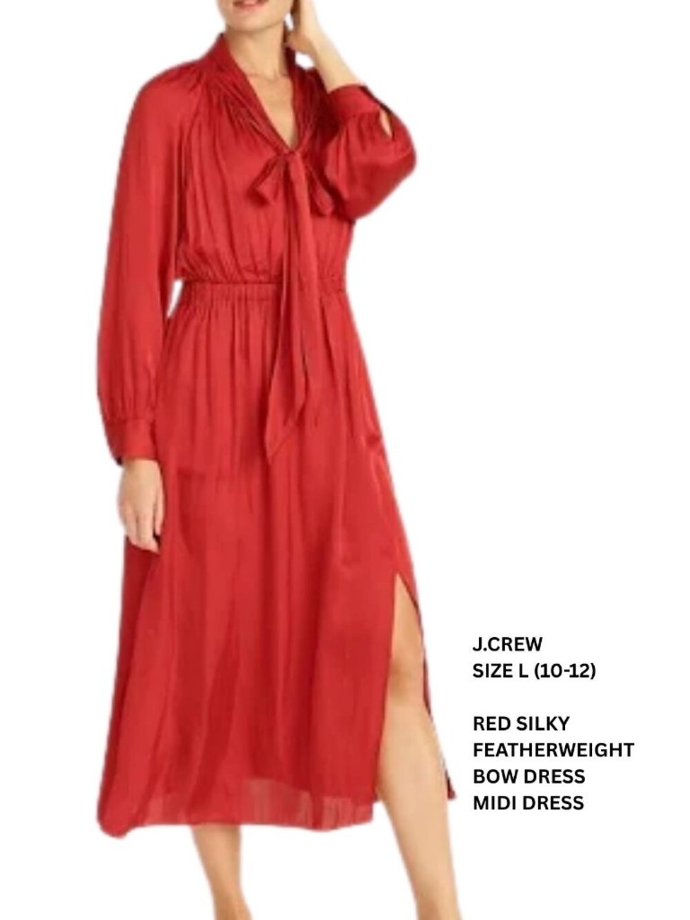 J.Crew Red Silky Featherweight Bow-Tie Midi Dress – Size L